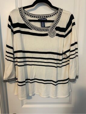 Evan Picone Black and Cream Striped Knit Top with Decorative Trim